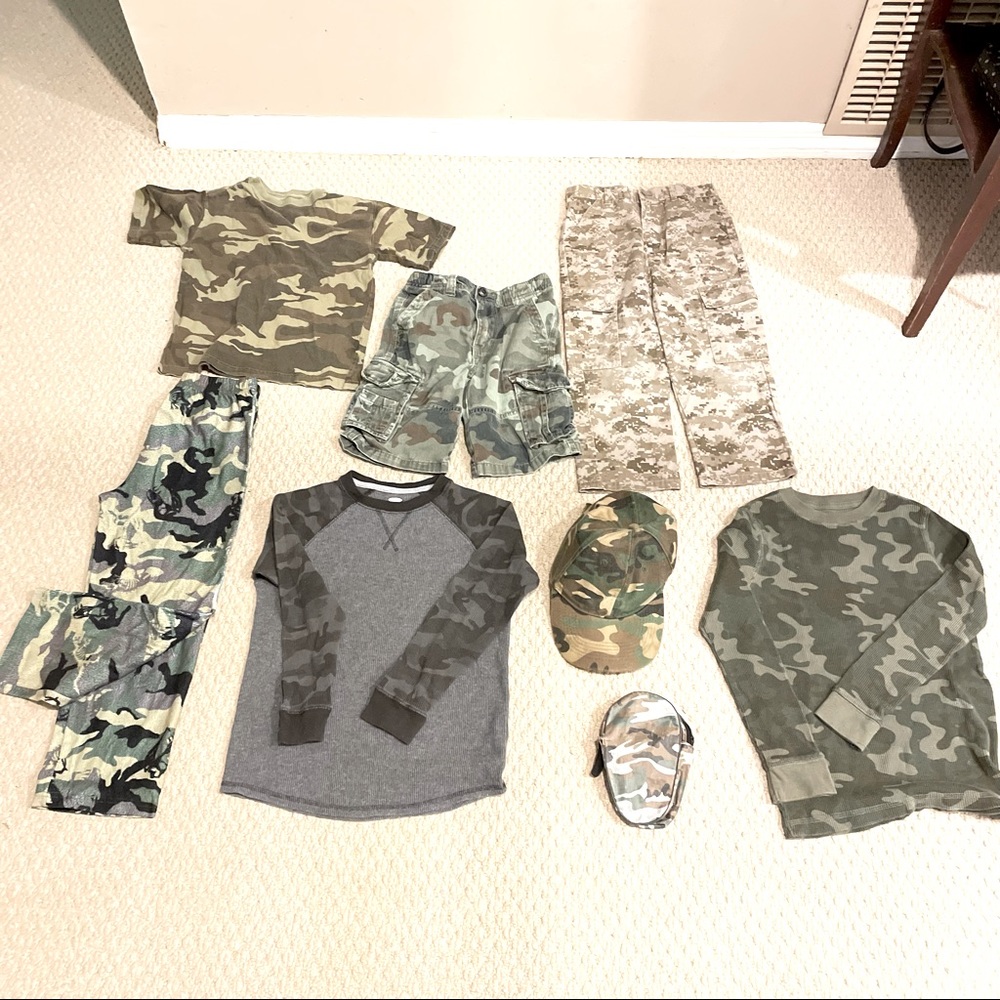 8-pc Lot Kids Camo pants shirts shorts hat pjs child’s small and med 6 and 8